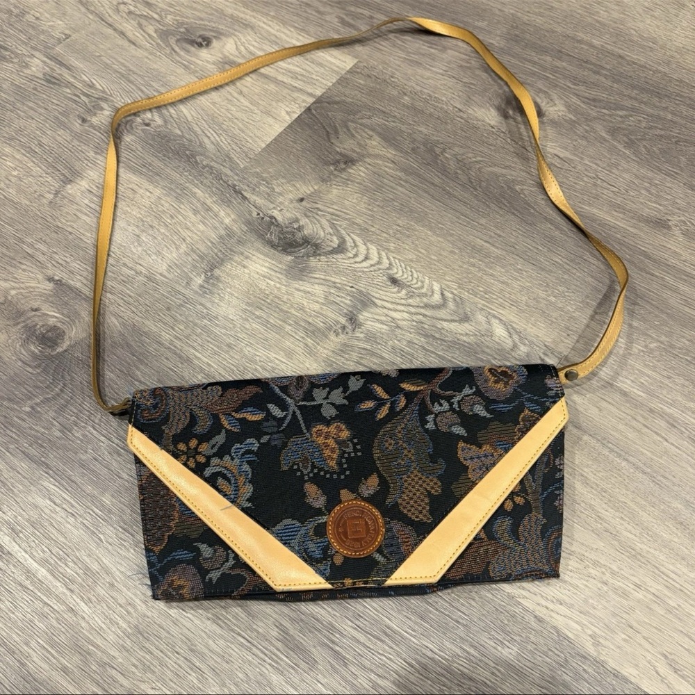 Vintage Fendi Roma Italy 1925 Floral Tapestry Envelope  Crossbody Clutch Purse